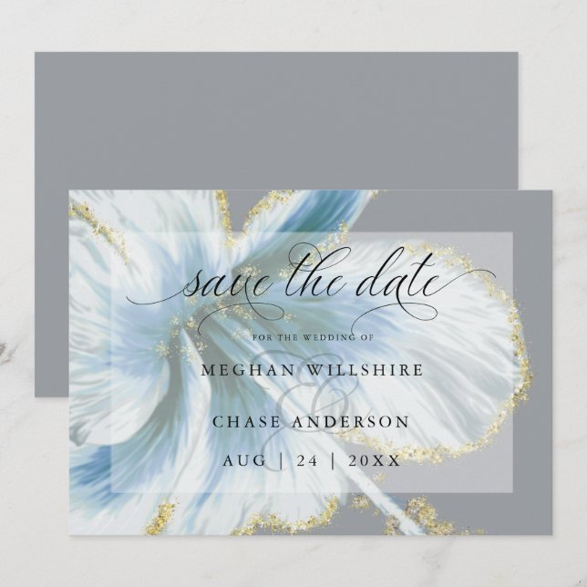 Save The Date Aquarelle Fleur Tropicale Bleu Poussiéreux (Devant / Derrière)