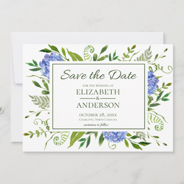 Save The Date Aquarelle Fleurie Hydrangeas Bleus (Devant)
