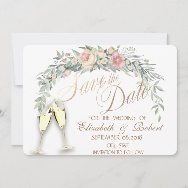 Save The Date Aquarelle Fleurs, Dotée, Verres Enregistrer La Dat (Devant)