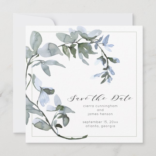 Save The Date Aquarelle Floral Bleu Script  (Devant)