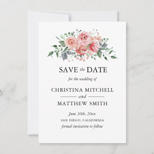 Save The Date Aquarelle Floral Blush Pink Wreath Enregistrer la  (Devant)