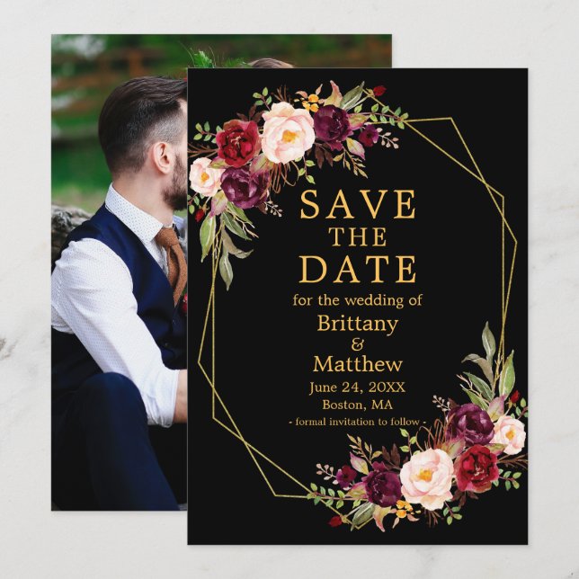 Save The Date Aquarelle Floral Bourgogne Black Gold Frame Photo (Devant / Derrière)