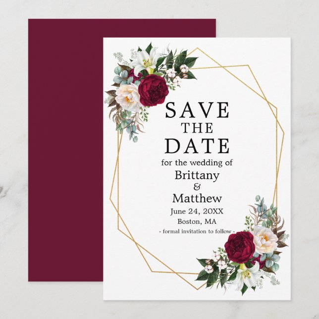 Save The Date Aquarelle Floral Bourgogne Blanc Cadre Geo (Devant / Derrière)