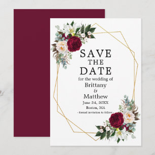Save The Date Aquarelle Floral Bourgogne Blanc Cadre Geo