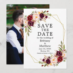 Save The Date Aquarelle Floral Bourgogne Geo Frame Photo