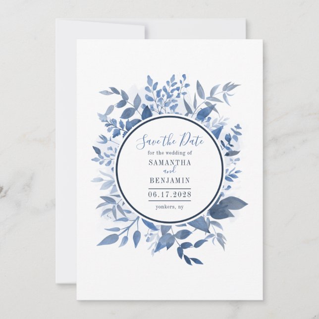 Save The Date Aquarelle Floral Marine Bleu Script Enregistrer la (Devant)