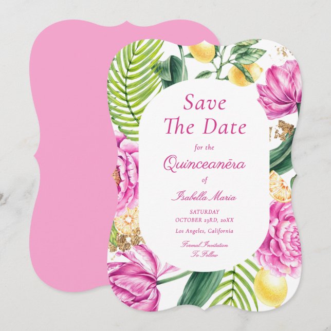 Save The Date Aquarelle Floral Pies Roses Tulipes Quinceañera (Devant / Derrière)