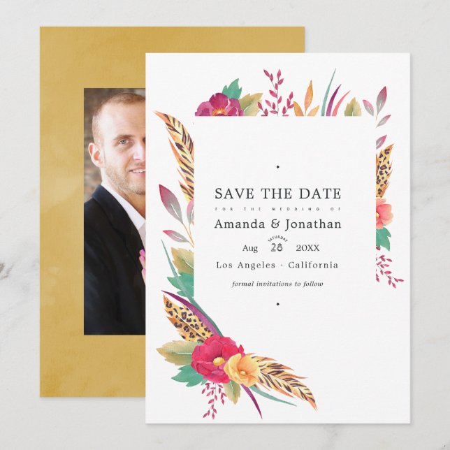 Save The Date Aquarelle Floral Safari photo Mariage (Devant / Derrière)
