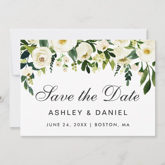 Save The Date Aquarelle Floral Vert Blanc Enregistrer La Date (Devant)
