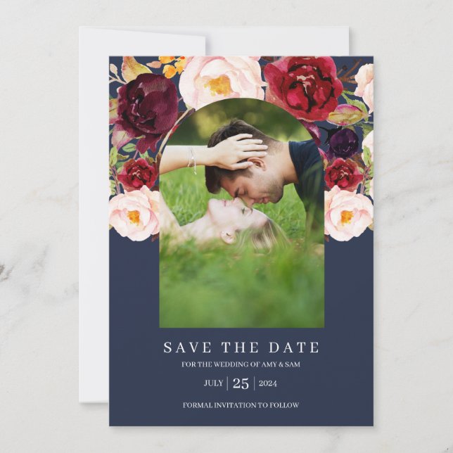 Save The Date Aquarelle Florale Arc Botanique Cadre photo Marine (Devant)