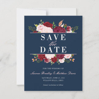 Save The Date Aquarelle florale bleu marine, bleu et bordeaux