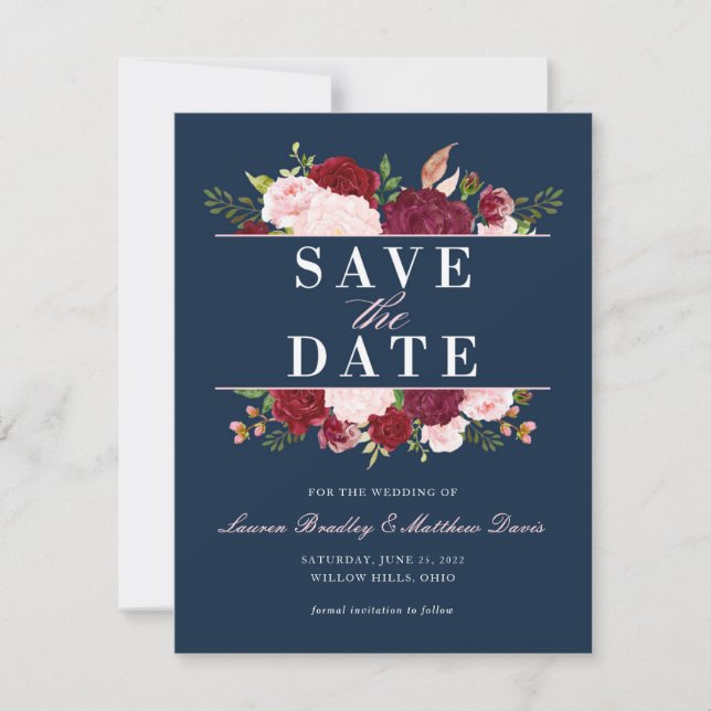 Save The Date Aquarelle florale bleu marine, bleu et bordeaux (Devant)
