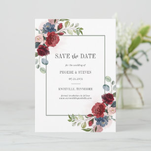 Save The Date Aquarelle Florale Bourgogne Dusty Bleu Rustique