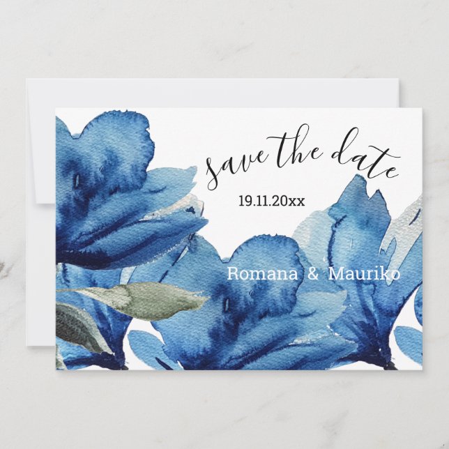 Save The Date Aquarelle florale Indigo peinte à la main (Devant)
