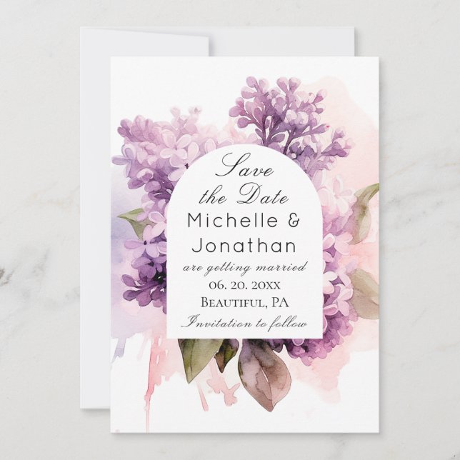 Save The Date Aquarelle florale Lilac Bible chrétienne Mariage (Devant)