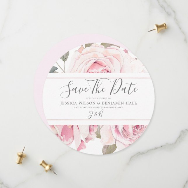 Save The Date Aquarelle florale pâle Mariage rose (Devant/Arrière en situation)