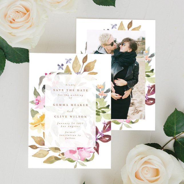 Save The Date Aquarelle florale séchée Photo Mariage (Créateur téléchargé)