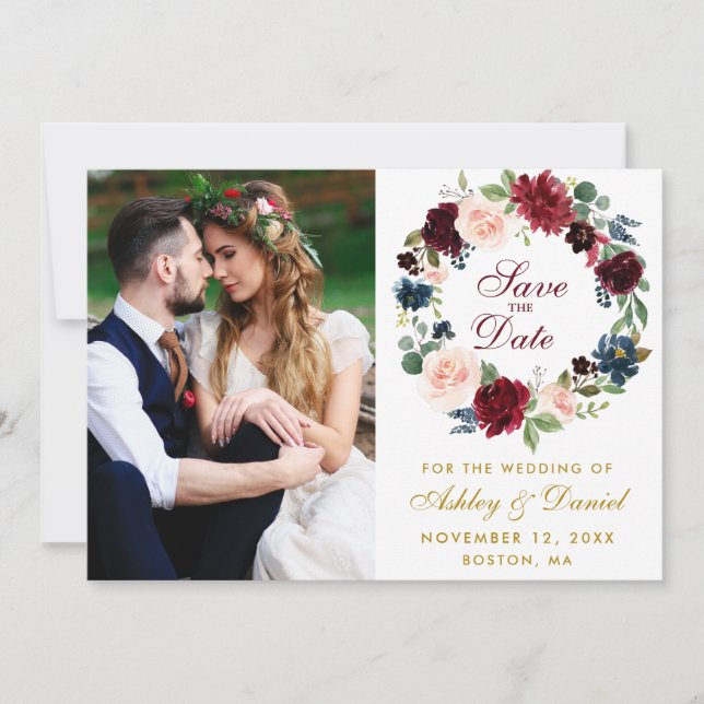 Save The Date Aquarelle Florale Wreath Burgundy Bleu Mariage (Devant)