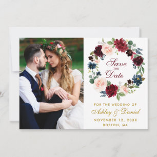 Save The Date Aquarelle Florale Wreath Burgundy Bleu Mariage
