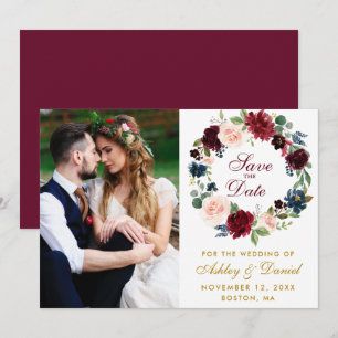 Save The Date Aquarelle Florale Wreath Burgundy Bleu Mariage B