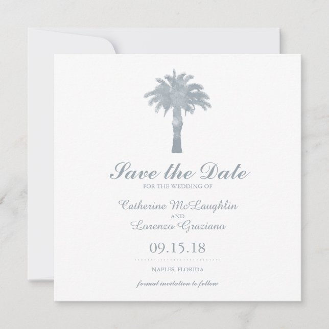 Save The Date Aquarelle Gris Serene Palm Tree Enregistrer la dat (Devant)