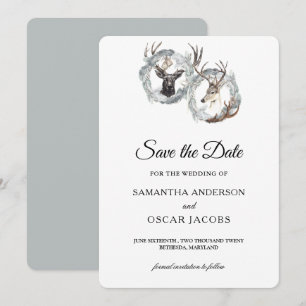 Save The Date Aquarelle hiver Cerf Wreath Argent