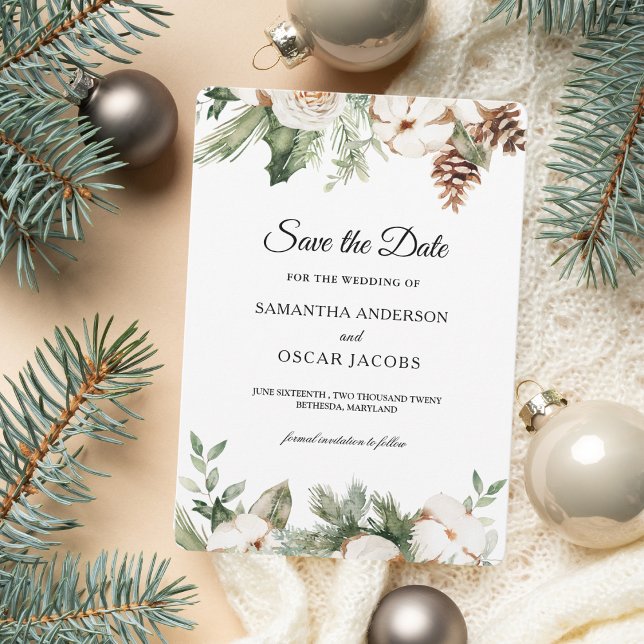 Save The Date Aquarelle Hiver Pin vert Arbre et Fleurs blanches (Créateur téléchargé)