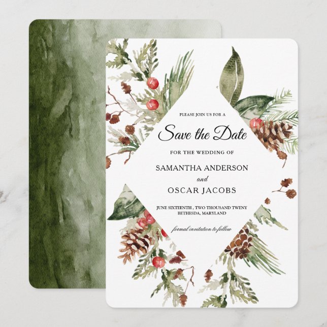 Save The Date Aquarelle Hiver Pine verte Arbre et Pine Cône (Devant / Derrière)