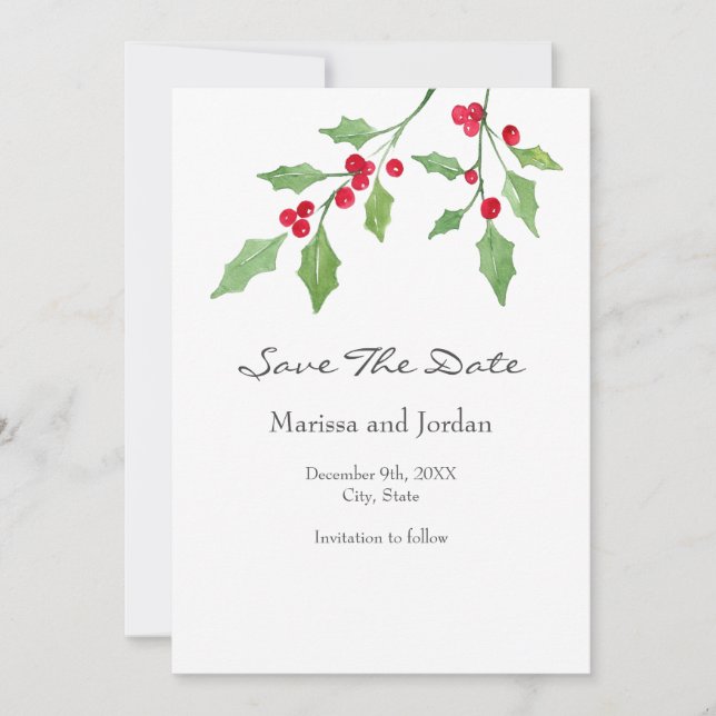 Save The Date Aquarelle Holly Sprigs Enregistrer La Date (Devant)