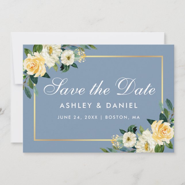 Save The Date Aquarelle Jaune Blanc Floral Dusty Blue (Devant)