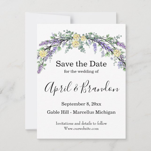 Save The Date Aquarelle jaune Lavande Eucalyptus (Devant)