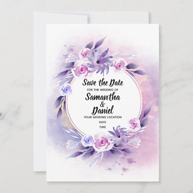 Save The Date Aquarelle Lavande et Rose violet clair (Devant)