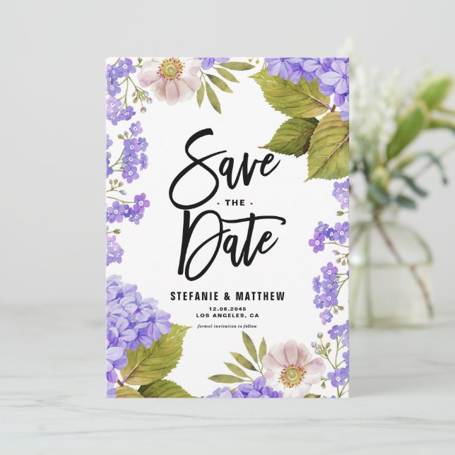 Save The Date Aquarelle Lavande Hydrangea Floral QR Code (Debout devant)