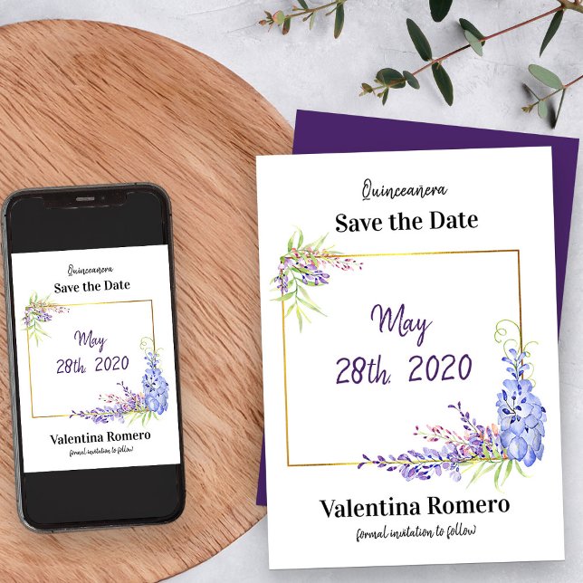 Save The Date Aquarelle Lavande violette Wisteria Floral (Save the Date from my Purple Wisteria Quinceanera Collection)
