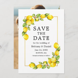 Save The Date Aquarelle Lemons Vert Photo Gold Frame