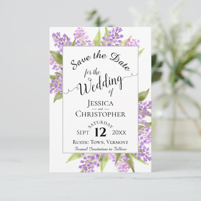 Save The Date Aquarelle Lilacs et calligraphie Mariage simple (Debout devant)