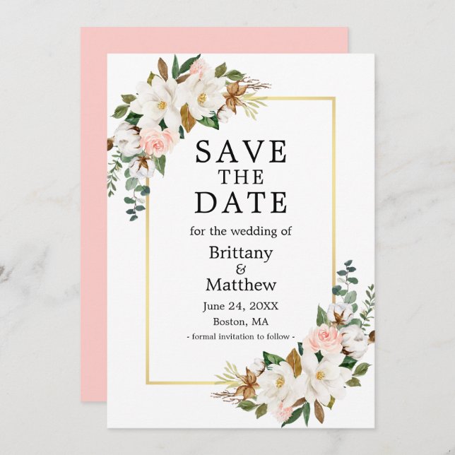 Save The Date Aquarelle Magnolias Rose Gold Frame rose (Devant / Derrière)