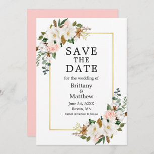 Save The Date Aquarelle Magnolias Rose Gold Frame rose