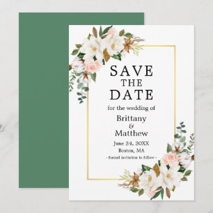 Save The Date Aquarelle Magnolias Rose Gold Frame Vert