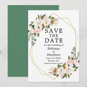 Save The Date Aquarelle Magnolias Rose Gold Geo Cadre Vert