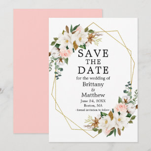 Save The Date Aquarelle Magnolias Rose Gold Geo Frame rose