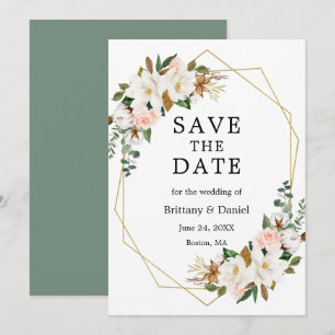 Save The Date Aquarelle Magnolias Roses Gold Sage Vert