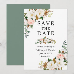 Save The Date Aquarelle Magnolias Roses Sage Green