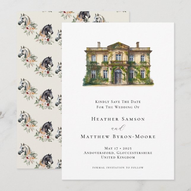 Save The Date Aquarelle Manor Anglais Mariage équestre (Devant / Derrière)