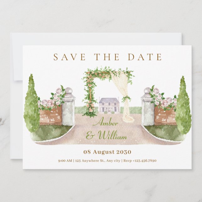 Save The Date Aquarelle Mariage arche paysage jardin art (Devant)