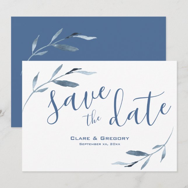 Save The Date Aquarelle Mariage bleu et blanc (Devant / Derrière)