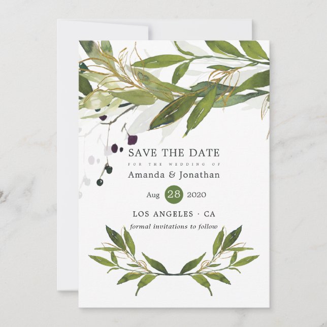 Save The Date Aquarelle Mariage de verdure feuillus (Devant)