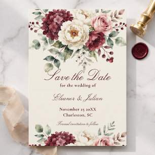 Save The Date Aquarelle mariage floral rose Bourgogne pâle