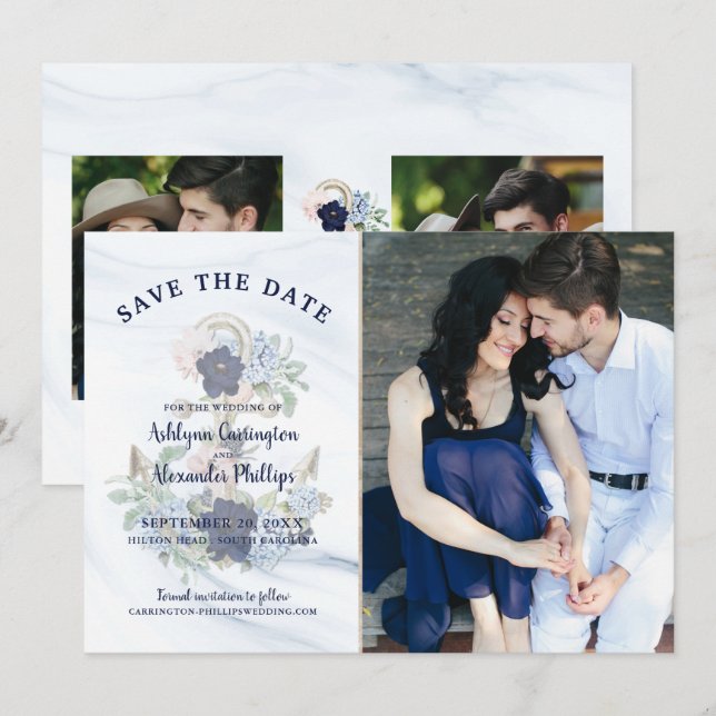 Save The Date Aquarelle marine Ancre florale Photo bleu marine (Devant / Derrière)
