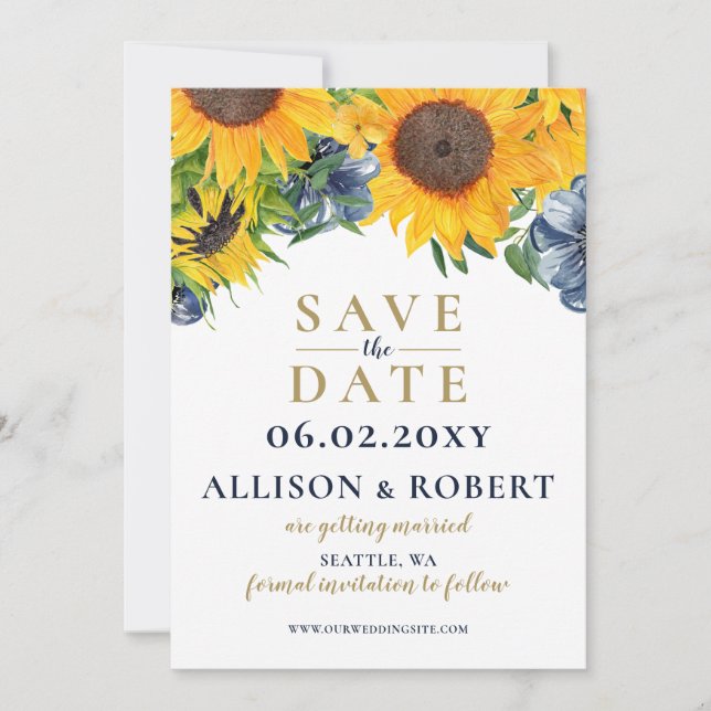 Save The Date Aquarelle Marine Bleu Tournesol Mariage rustique (Devant)